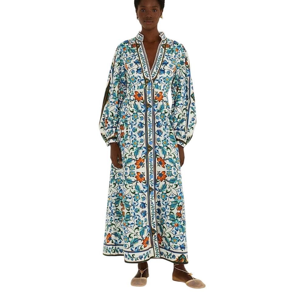 NWT Farm Rio Flora Tile Long Sleeve Button Up Maxi Dress Vacation White Blue M